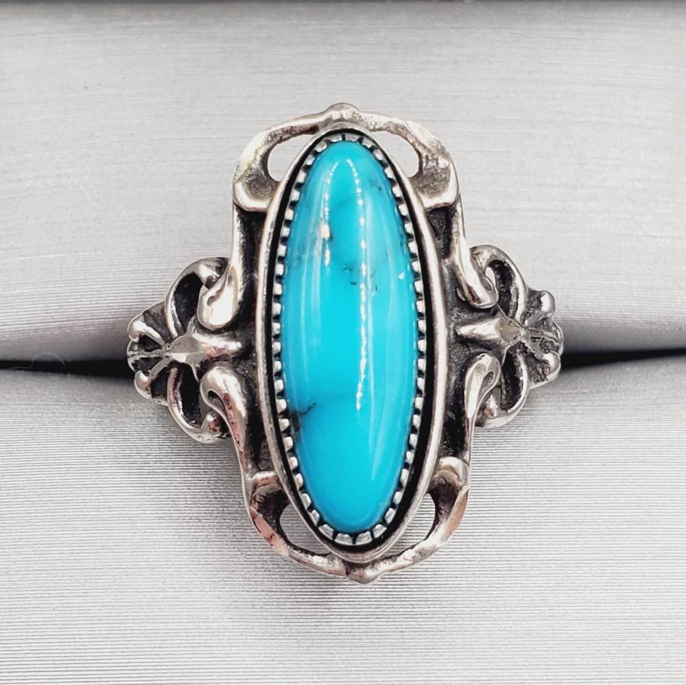 Genuine Elongated Blue Turquoise 925 Sterling Silver Navajo Vintage Bow Ring